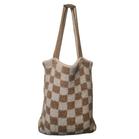 Free People Checkered Knit Tote Bag Cream Beige Lined W/ Scarf Matching Set - Picture 4 of 9